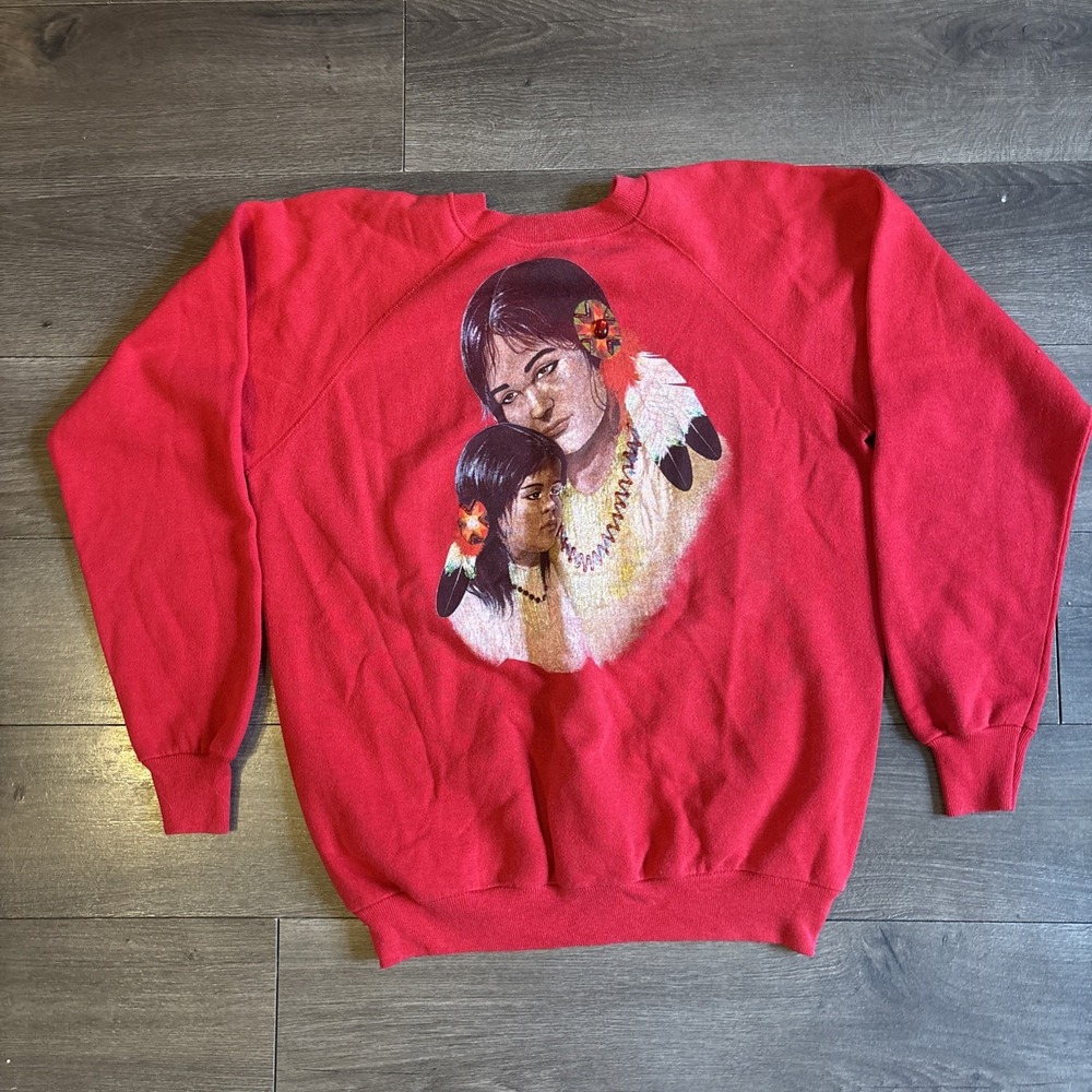Vintage 90s Crewneck Hanes Sport Sweatshirt Native American Mother Child LARGE